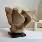 Hand carved walnut wood sculpture Open Arc on black granite base by Ewelina Glowacz