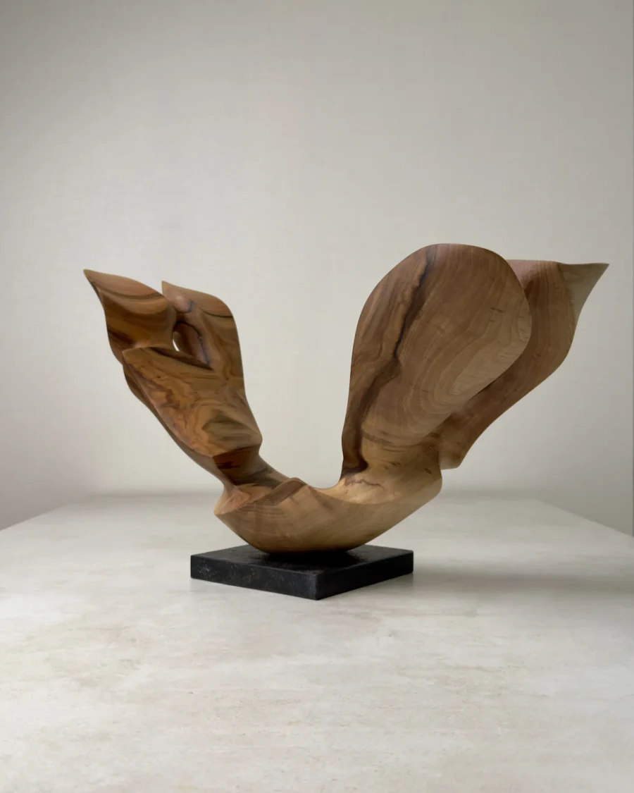 open-arc-walnut-wood-sculpture-front-view-ewebohome-ewelina-glowacz Front view of Open Arc hand carved walnut wood sculpture on granite base