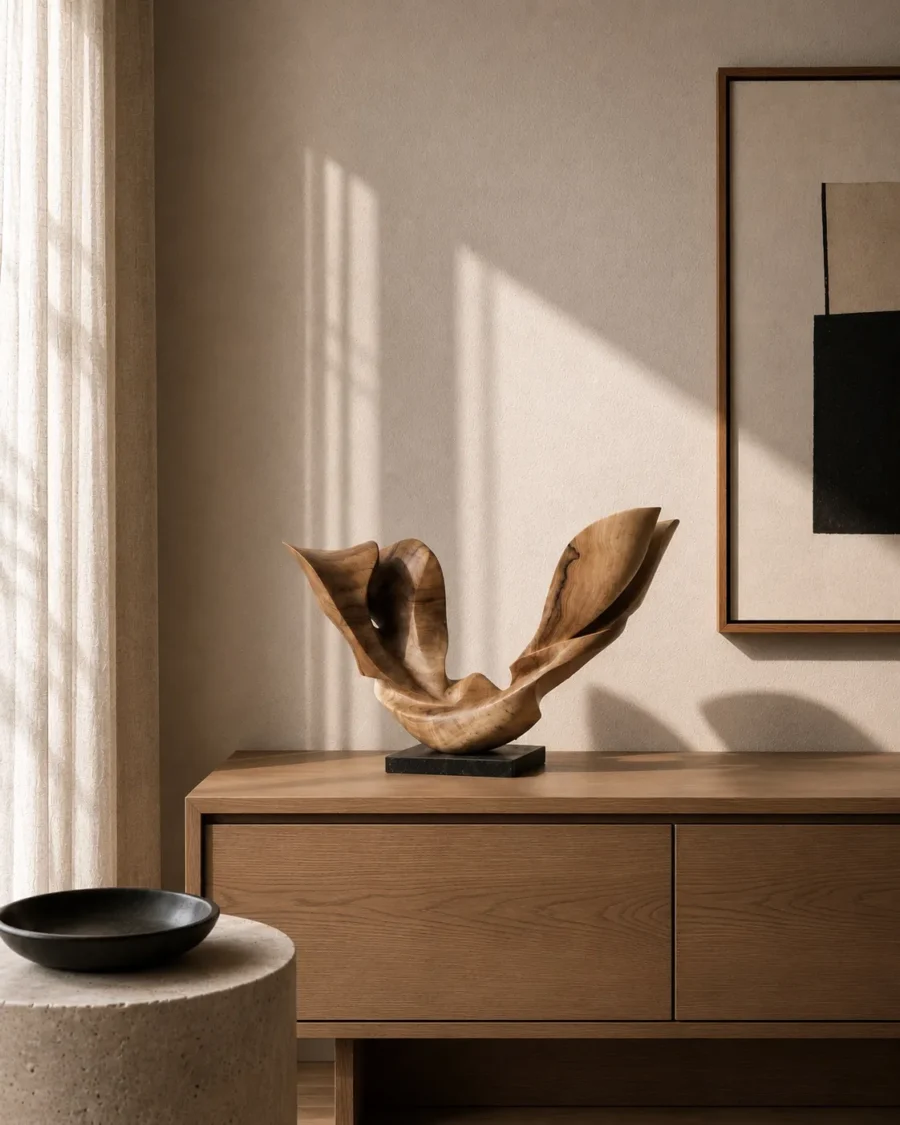 open-arc-walnut-wood-sculpture-modern-interior-ewebohome-ewelina-glowacz abstract sculpture in minimalist japandi interior