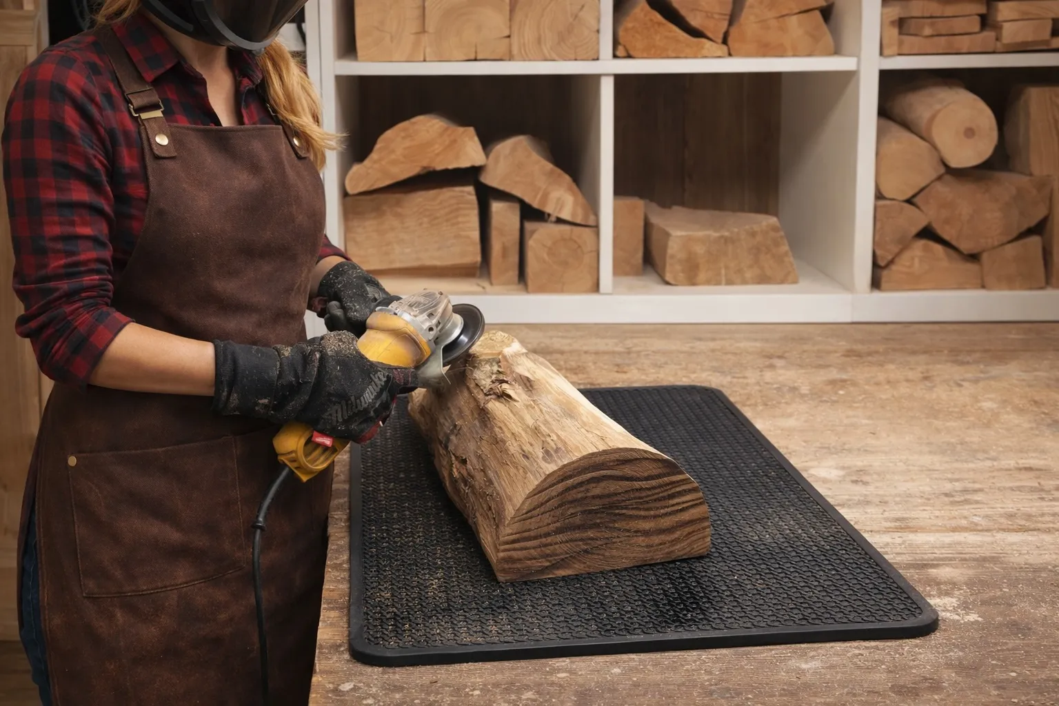 female wood sculptor shaping abstract wooden sculpture in workshop – Ewebohome studio