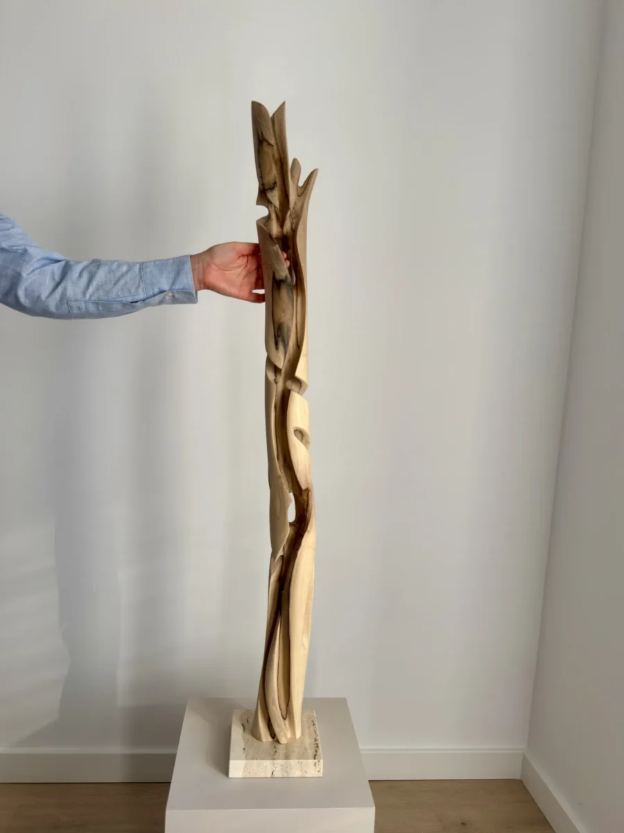scale view tall wood sculpture walnut hand carved size reference human hand unfolding form