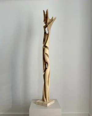 full view tall abstract wood sculpture walnut on pedestal minimalist space unfolding form