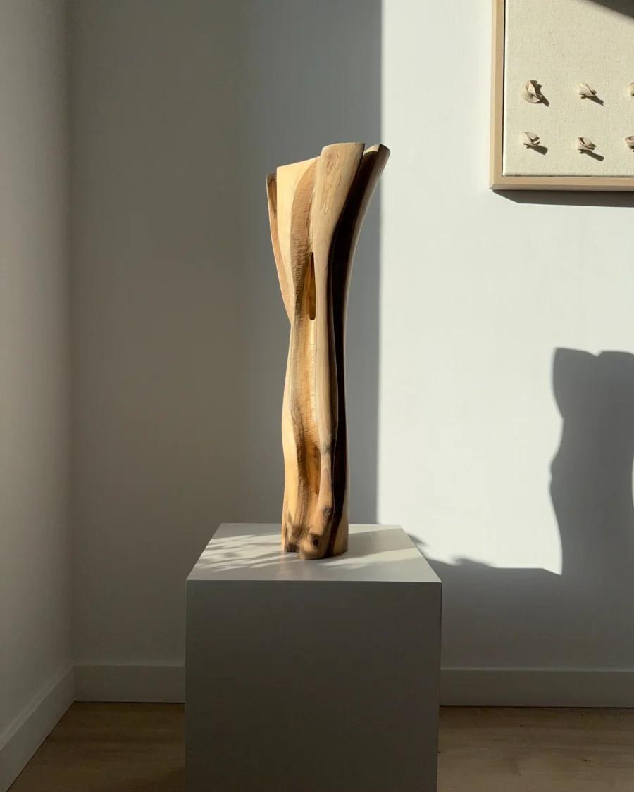 Abstract wood vase with dried pampas grass, hand-carved walnut, sculptural form with soft light and shadow