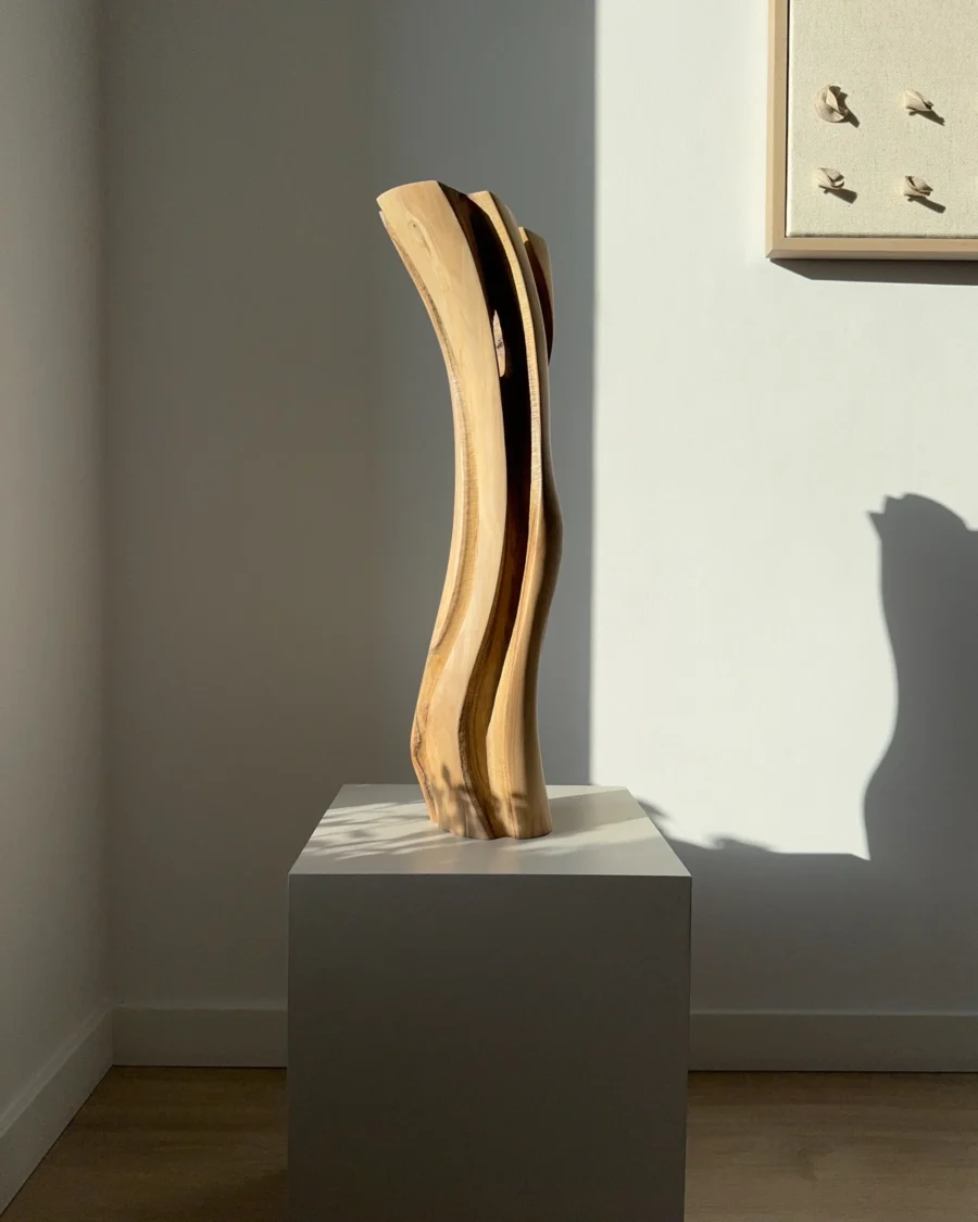 Abstract walnut vase, hand-carved sculptural form with flowing lines and natural wood grain detail
