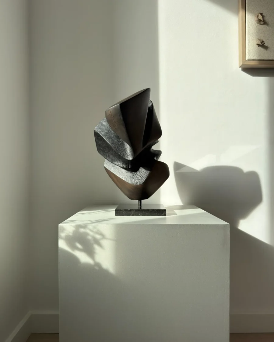 abstract wood sculpture shadow split hand carved applewood sculpture on granite base in natural light