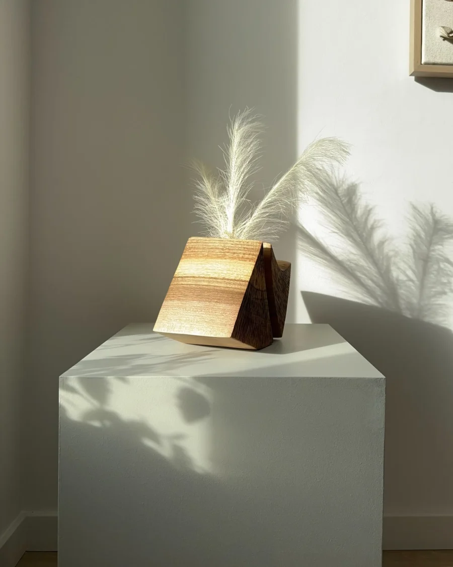 minimalist wood vase with dried flowers walnut sculptural vessel interior styling