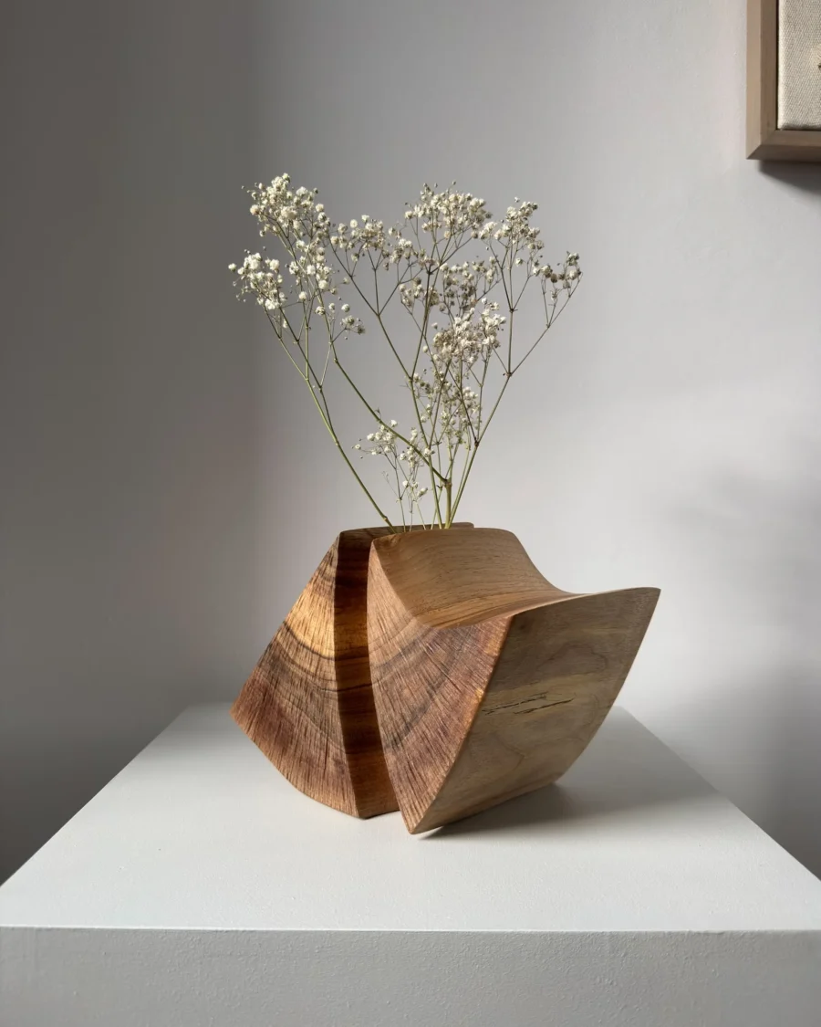minimalist wood vase with dried flowers walnut sculptural vessel interior styling