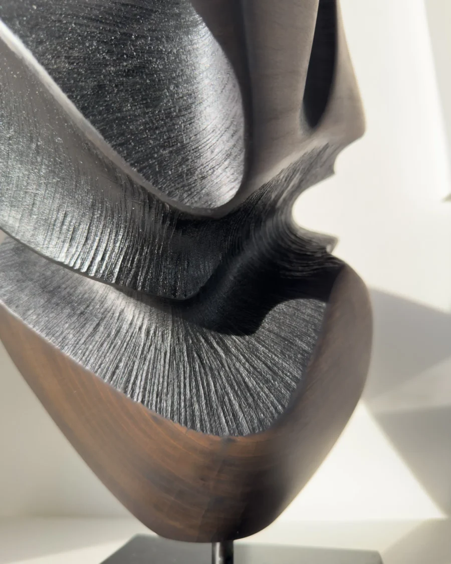 close up abstract wood sculpture carved interior dark textured surface shadow split detail