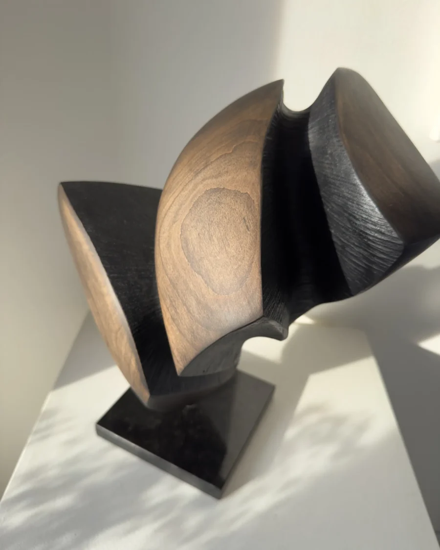 close up hand carved applewood sculpture smooth surface and natural wood grain detail