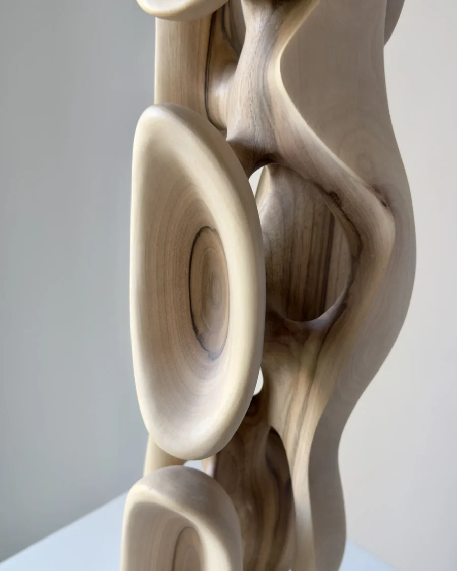 Close-up of carved walnut sculpture showing natural grain transitions and hollow organic structure