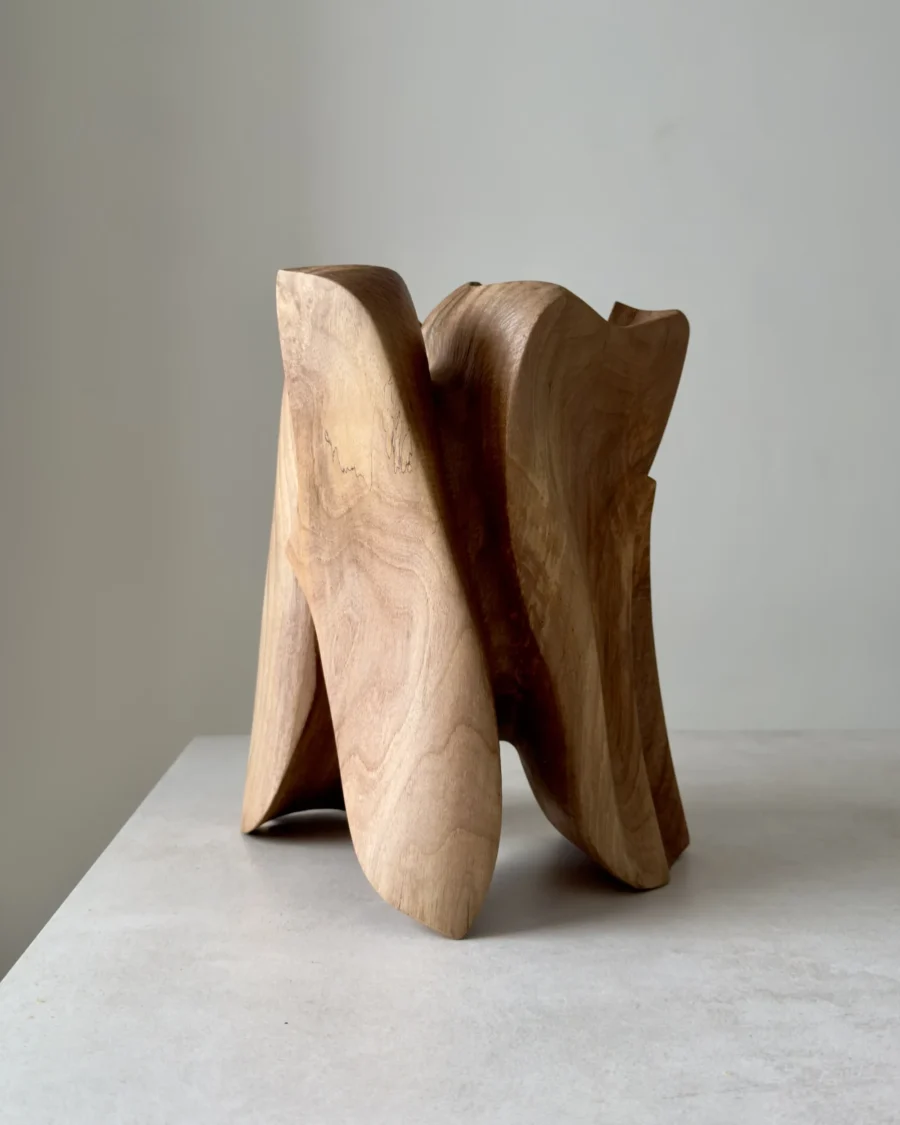 modern abstract wood sculpture with curved planes and natural grain, hand carved walnut, changing form from different angles