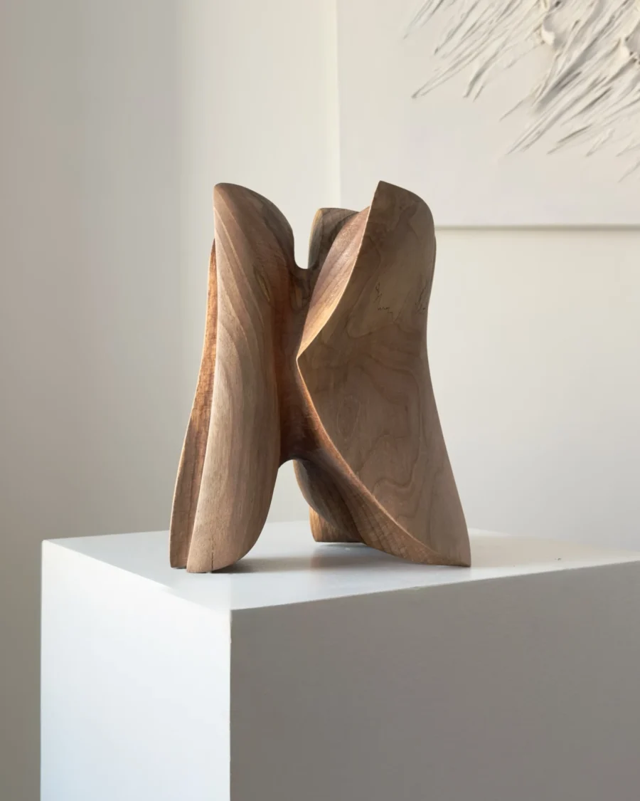 abstract wooden sculpture hand carved from solid walnut, organic flowing form on pedestal, modern minimalist wood art