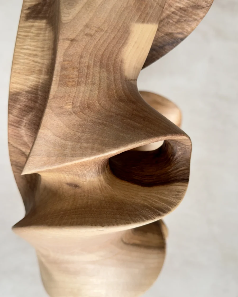Detail of textured recessed area in hand-carved walnut sculpture with visible carving marks