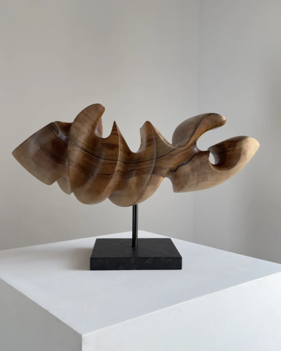 Abstract wood sculpture "Point of Hold" in walnut, front view showing smooth curved planes and light natural tones on granite base