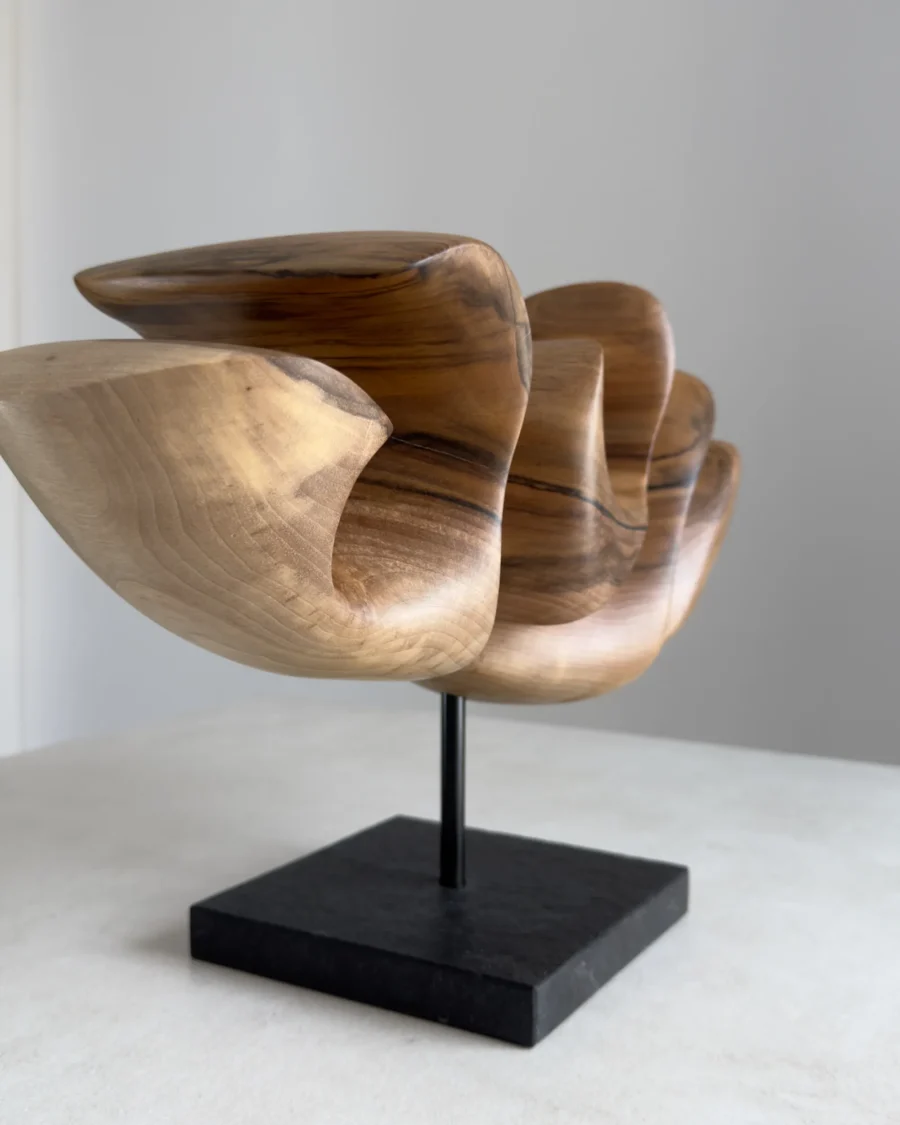 Hand carved walnut sculpture detail showing smooth transitions between light and shadow with natural wood grain