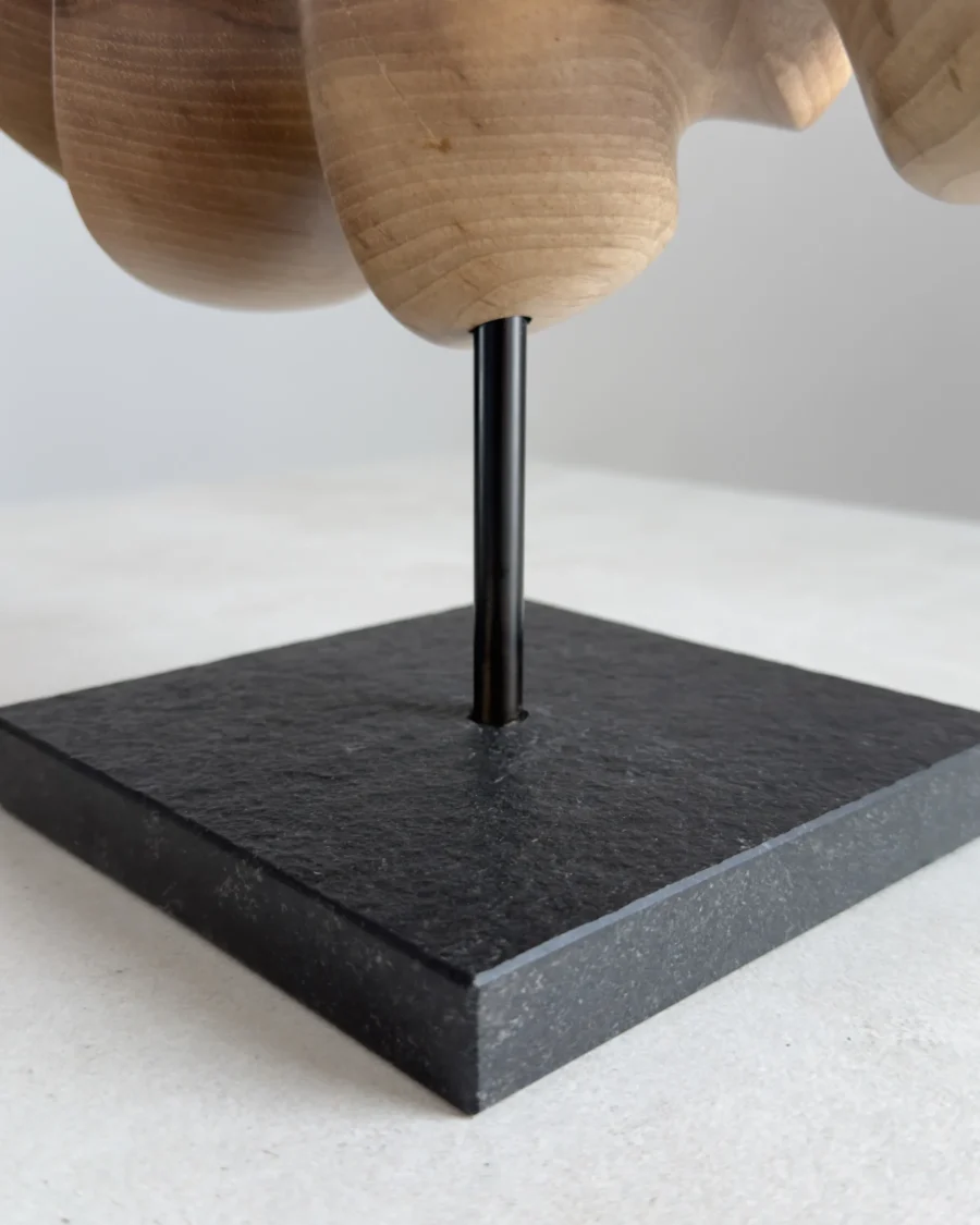 Close up of walnut wood sculpture highlighting deep natural grain patterns and sculpted curved surfaces