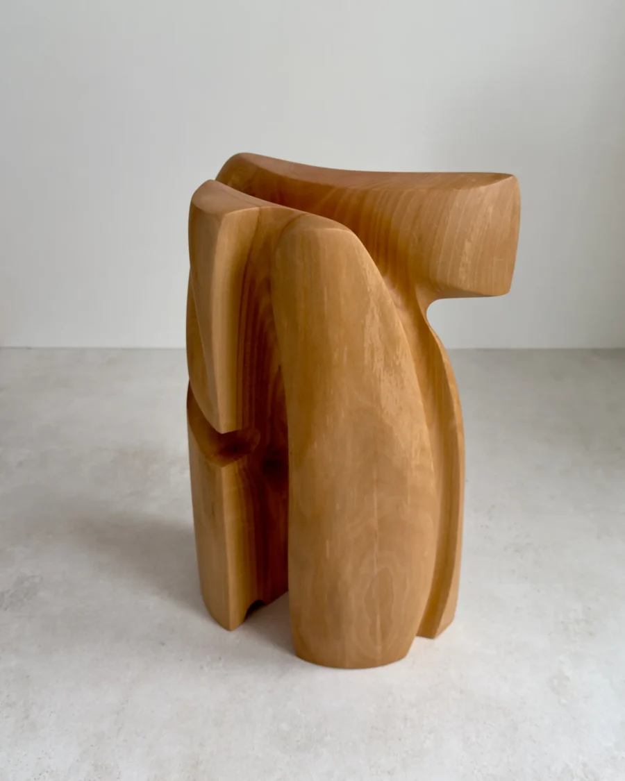 minimalist wood sculpture side view Quiet Axis showing vertical split form