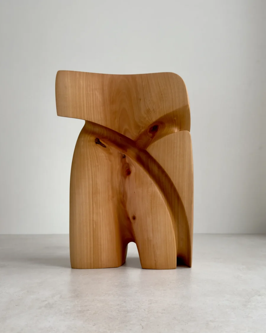 abstract pear wood sculpture Quiet Axis in soft light showing balance and proportions