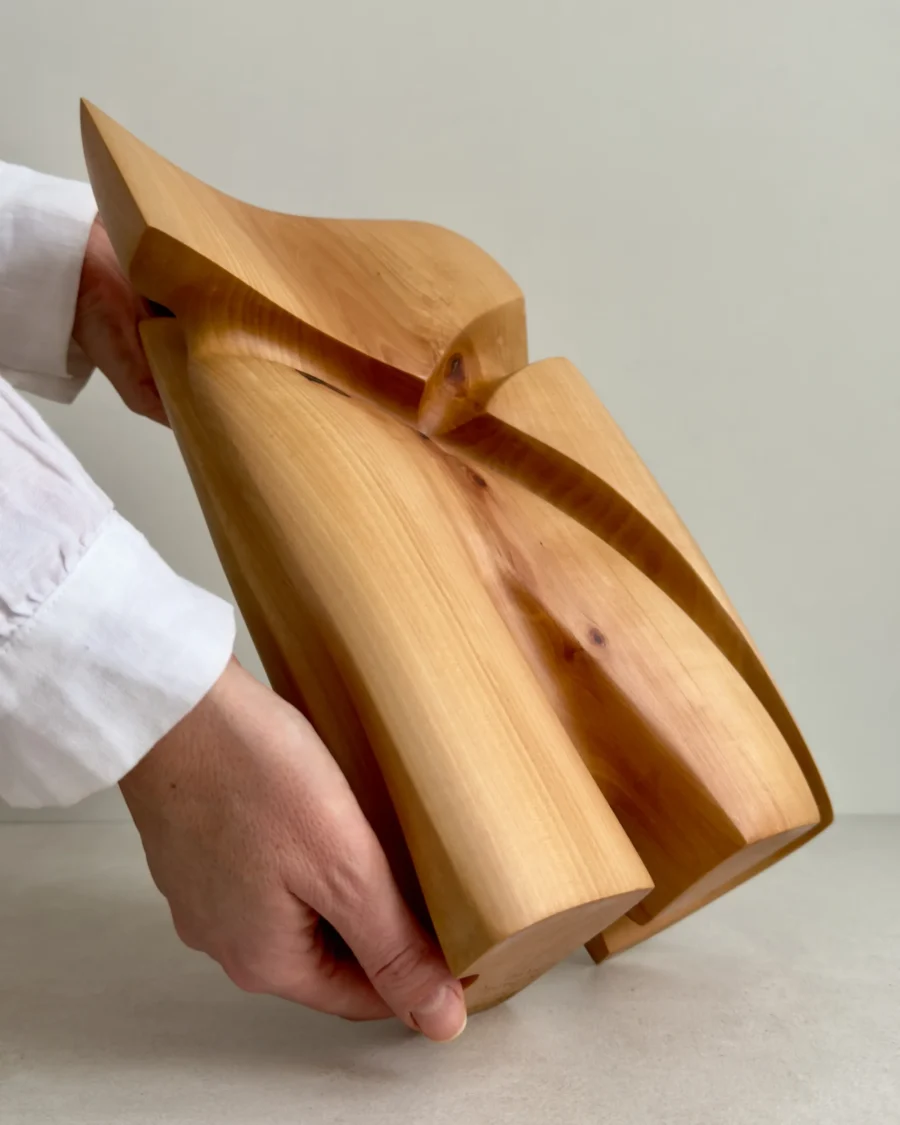 abstract wood sculpture in pear wood Quiet Axis front view minimalist form