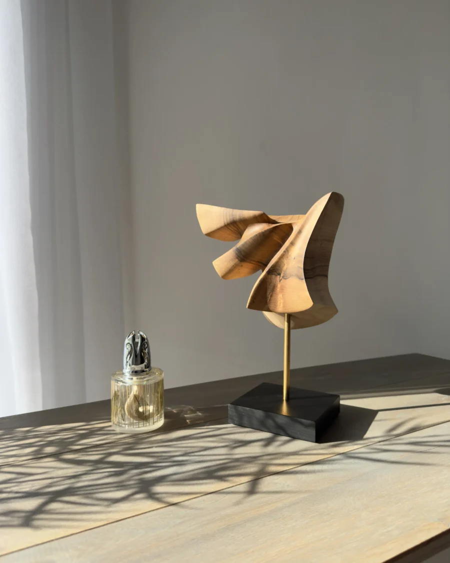 Abstract walnut wood sculpture Velora displayed in a minimalist interior with natural light and plant shadow