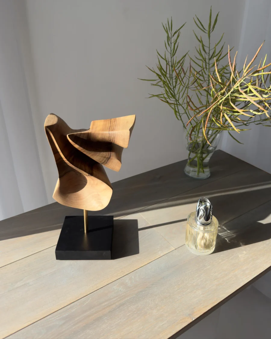 Hand carved walnut sculpture Velora in soft natural light showing flowing organic form