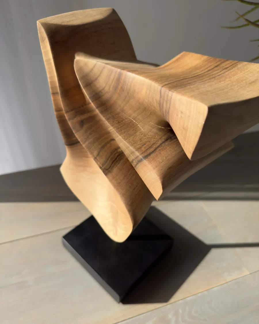 Close-up of hand carved walnut wood sculpture showing natural grain and smooth surface detail