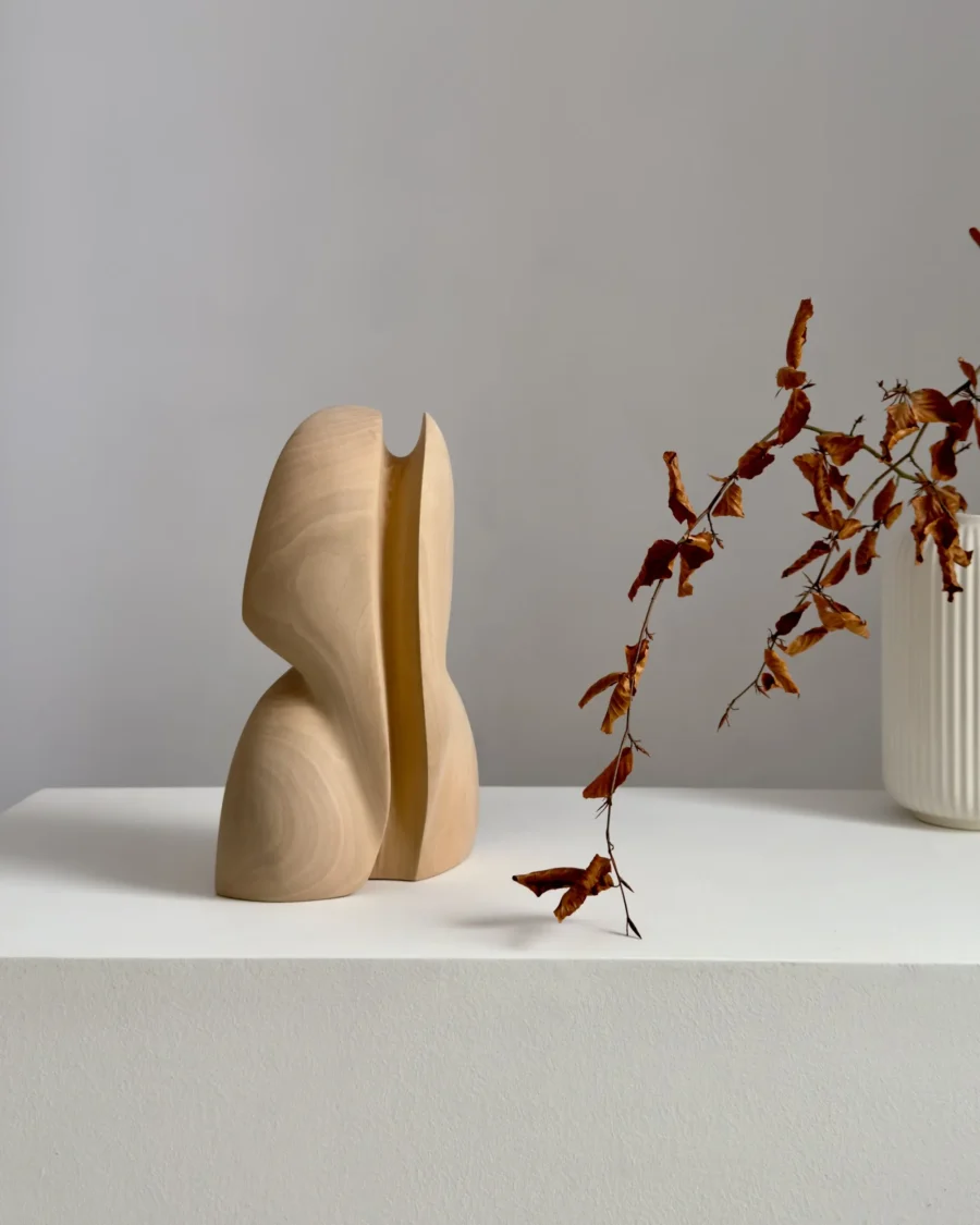 abstract pear wood sculpture Seed Form minimalist form on white pedestal -Ewebohome