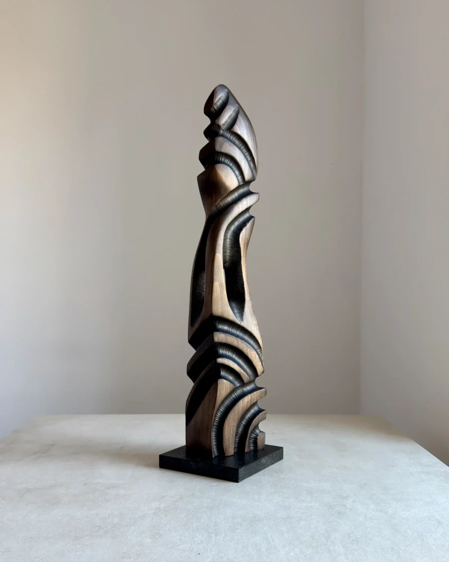 abstract wood sculpture black beech void pillar front view