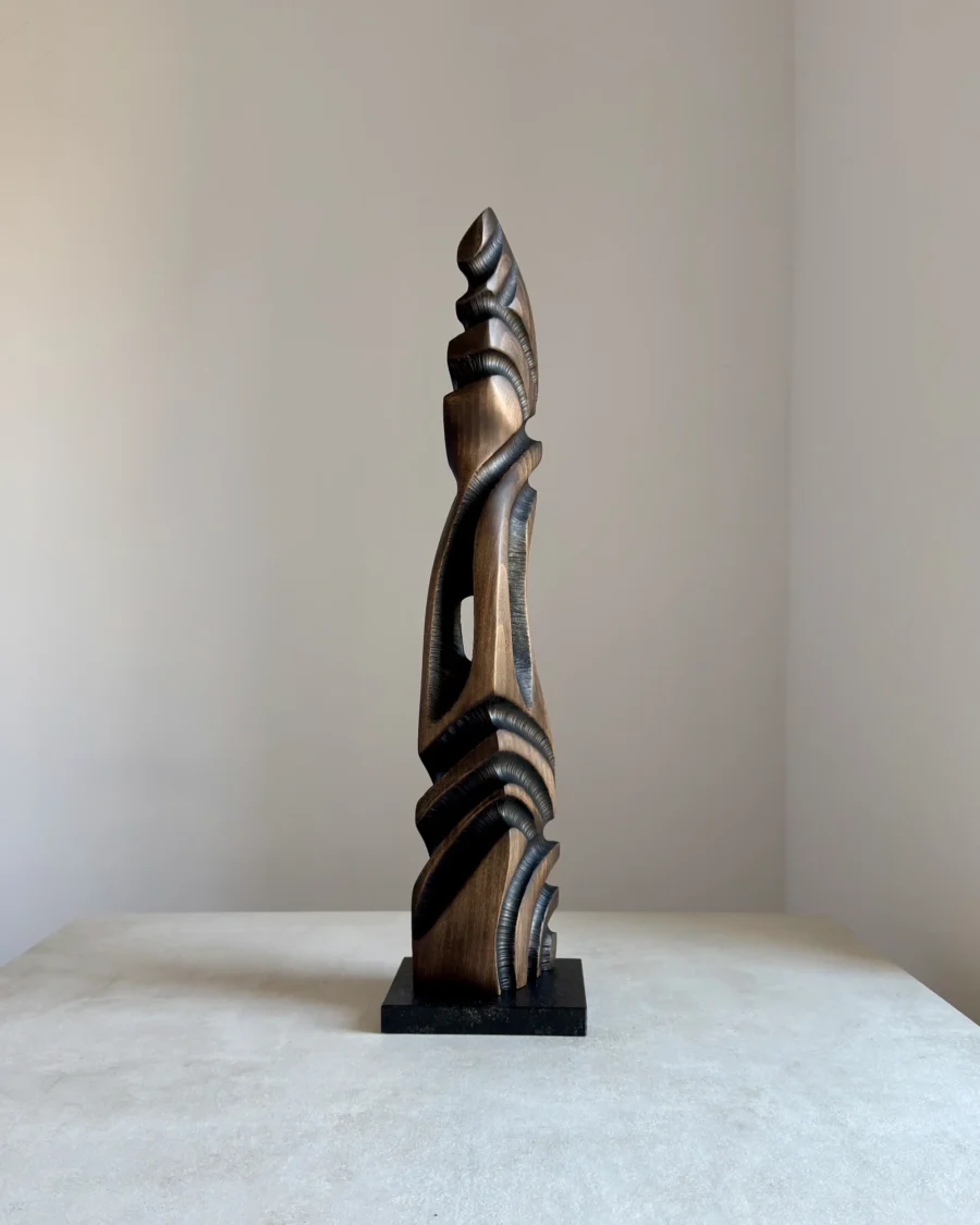 abstract sculpture with central void black wood side view