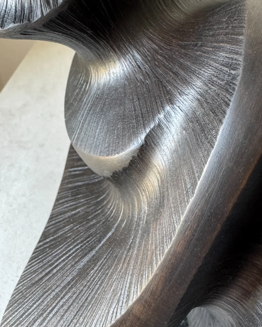 close-up of carved wood texture with black wax and light reflections