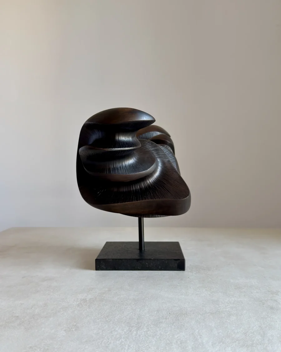 modern black wood sculpture on granite base