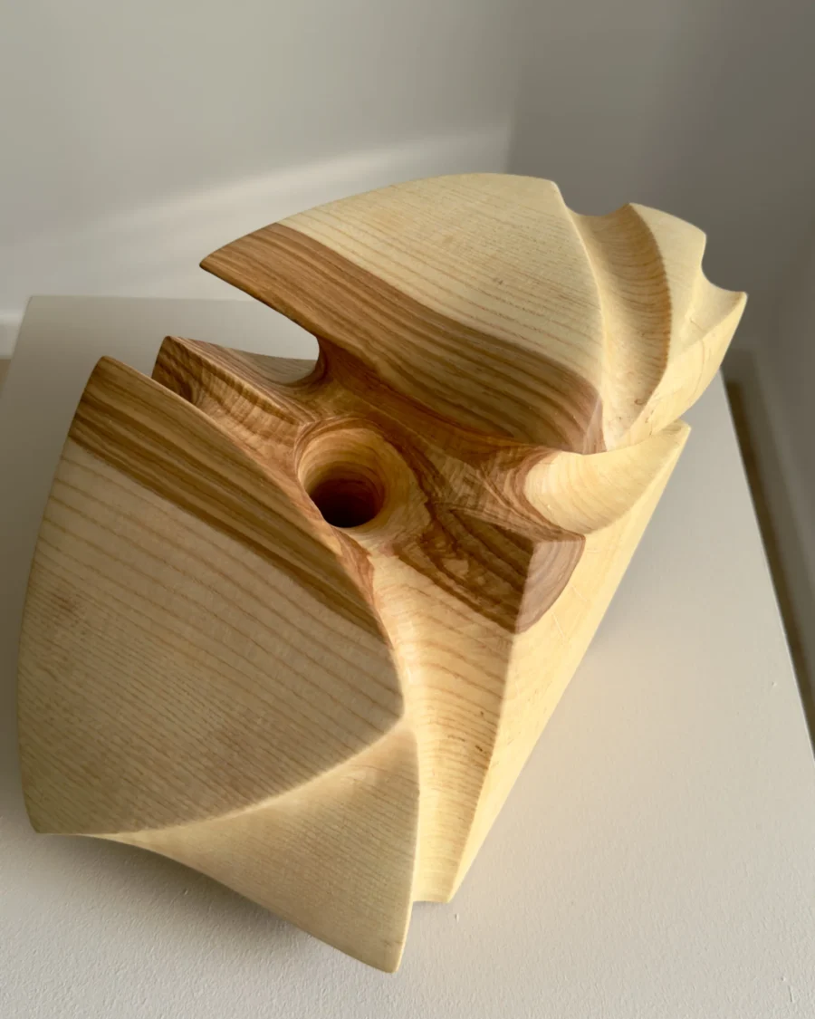 wooden ikebana vessel ash hand carved opening detail