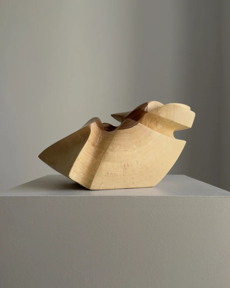 hand carved ash wood vessel low horizontal form sculpture