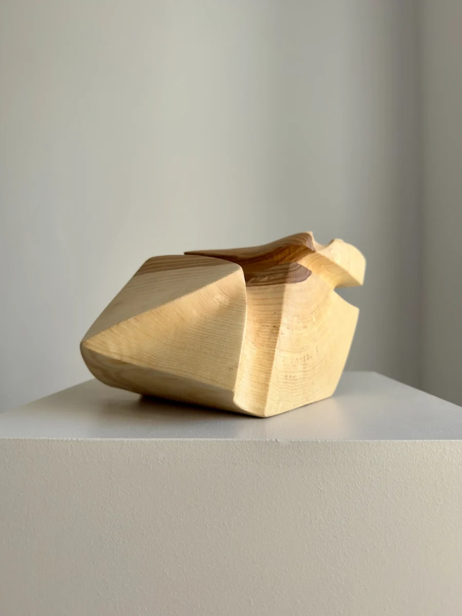 hand carved ash wood vessel low horizontal form sculpture