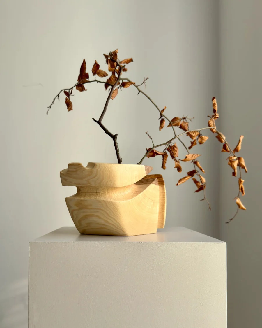 abstract wood sculpture vessel ash organic form light shadow