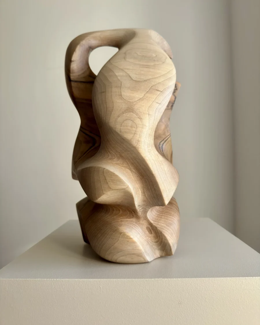 Abstract wood sculpture in walnut showing curved form and inner opening – contemporary handmade artwork