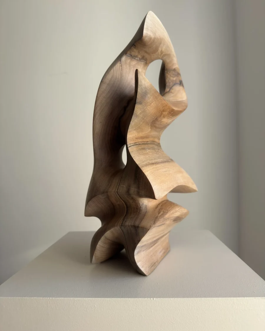 Abstract walnut wood sculpture “Almost Free” – hand carved modern wooden sculpture, organic form in natural light