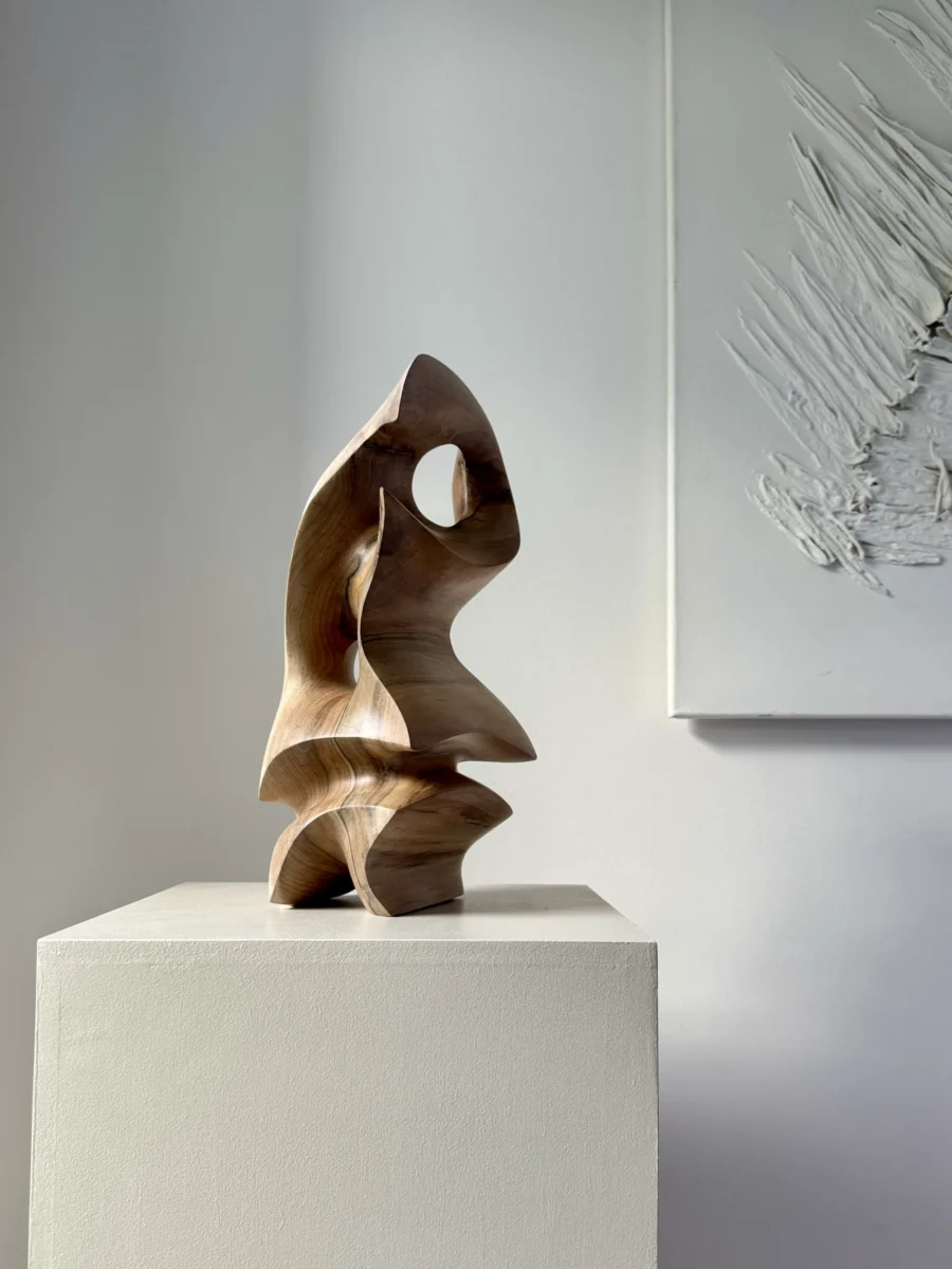 Hand carved walnut wood sculpture with flowing organic shape – modern abstract wooden art object by Ewebohome