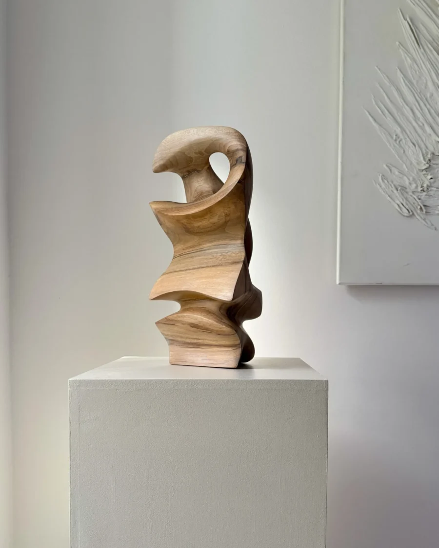 Abstract walnut wood sculpture detail showing smooth surface and natural grain patterns
