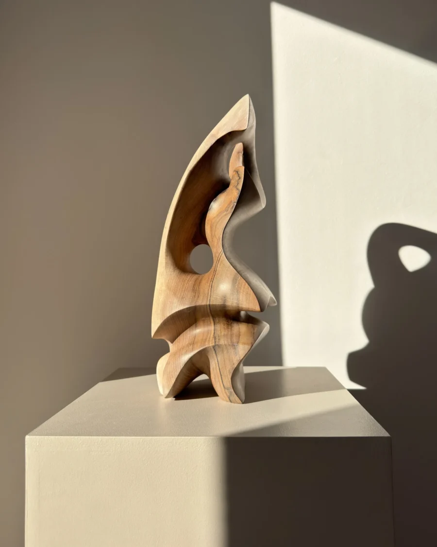 Modern abstract wooden sculpture with dynamic form and soft curves – solid walnut, one of a kind