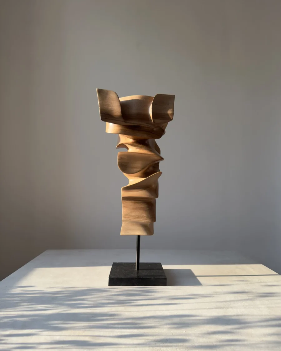 abstract-wood-sculpture-walnut-ethereal-motion-light front view abstract carved wood sculpture organic form