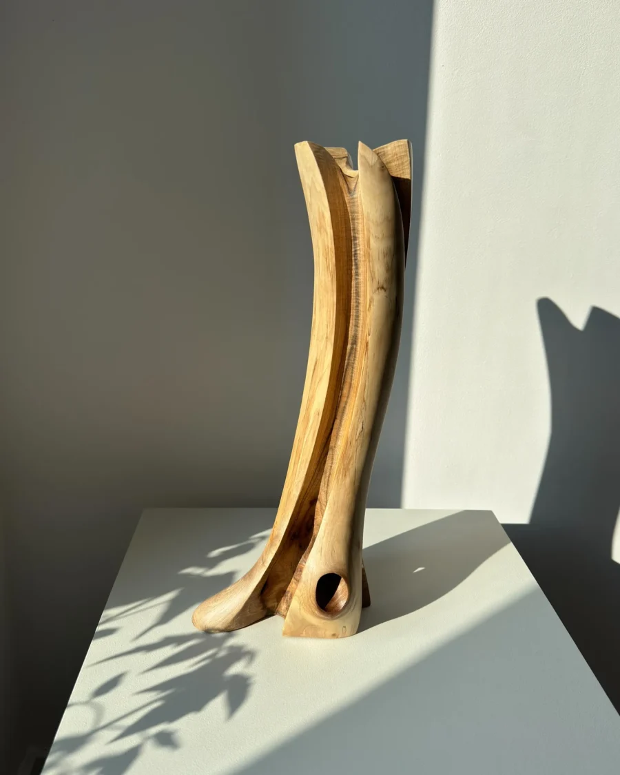 abstract-wood-vase-walnut-sculptural-form hand carved walnut wood vase sculptural form shown from the back in soft natural light