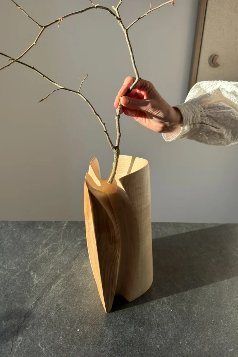 Abstract wooden vase viewed from above, organic carved structure