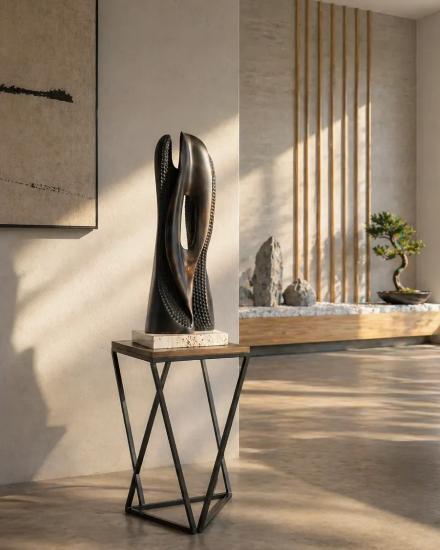 abstract wood sculpture Close Distance in modern interior charred maple sculpture on stone base with natural light