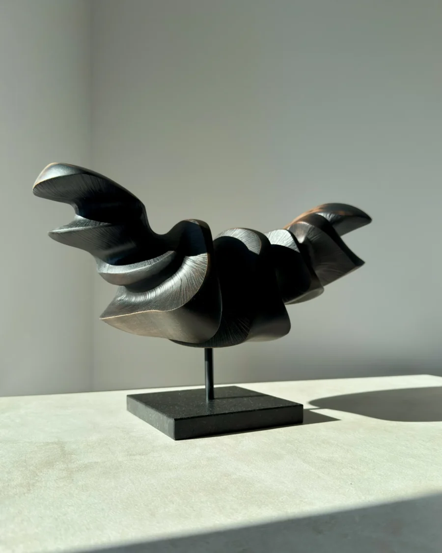 Reverse view of Dark Expansion abstract wood sculpture with flowing curves, textured recesses and matte black finish