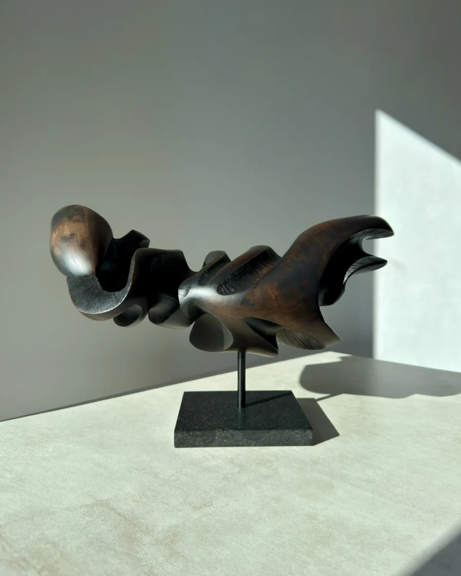 Dark Expansion hand-carved pear wood sculpture in strong natural light, showing its horizontal form and deep black carved recesses