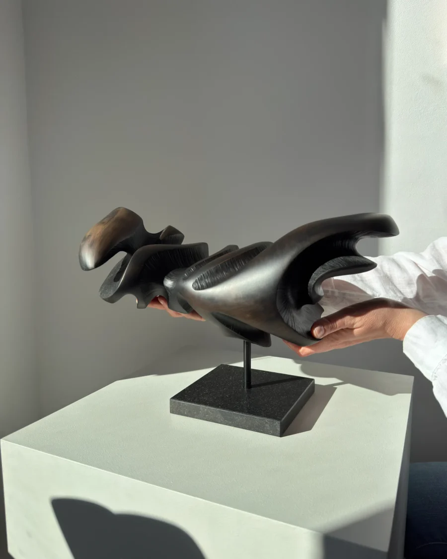 Dark Expansion pear wood sculpture held by the artist, showing the scale and three-dimensional character of the hand-carved form