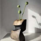 Side view of Ember Hollow sculptural apple wood vase with poppy seed pods, showing contrasting black waxed surfaces and visible natural wood grain.