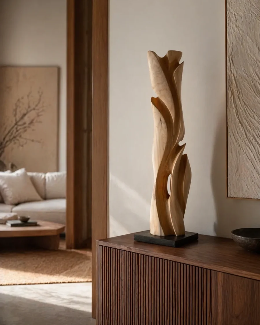 Maple sculpture placed in minimalist interior setting
