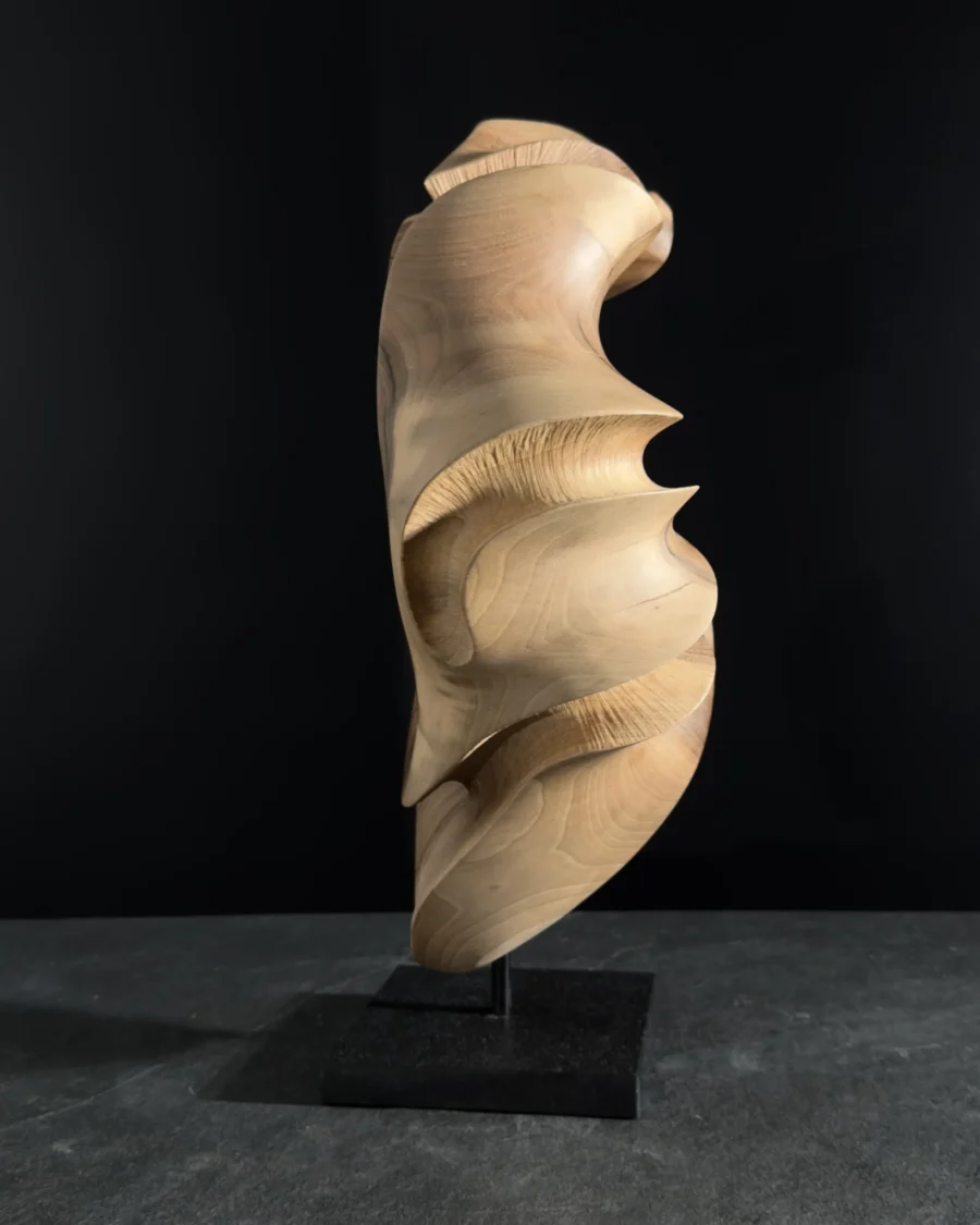 quiet-arc-abstract-wood-sculpture-side-view Modern wood sculpture with organic curves, walnut grain highlighted by directional light and deep shadows